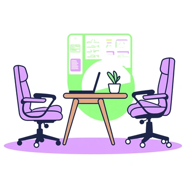 Two office chairs are positioned back-to-back in a small workspace. Each chair is designed with ergonomic features, showcasing a high backrest and cushioned seat. The workspace has a wooden desk in front of one of the chairs, with a laptop open on it. A small potted plant sits on the desk, adding a touch of greenery. Behind the chairs, there is a wall with a bulletin board displaying notes and reminders. The flooring is covered with a simple rug, enhancing the cozy atmosphere of the workspace.