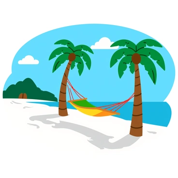 A tropical beach featuring soft white sand and gentle waves lapping at the shore. Tall green palm trees sway in a light breeze, casting playful shadows on the sand. A colorful hammock is strung between two palm trees, inviting relaxation. The sky is a bright blue with a few fluffy white clouds, enhancing the vibrant atmosphere of the scene. In the distance, a small island is visible, adding to the picturesque coastal view.