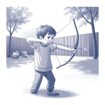 A child pretending to be an archer using a toy bow and arrow in a backyard
