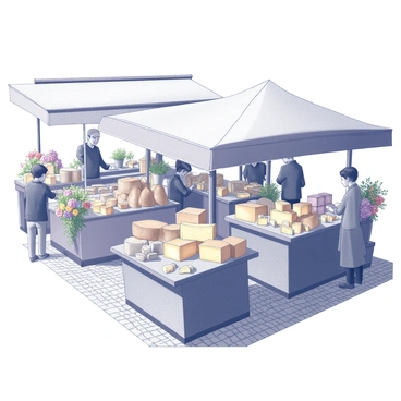 A bustling traditional French market scene. Various stalls are set up, each overflowing with an assortment of cheeses arranged neatly on wooden tables. Freshly baked loaves of bread are displayed prominently, with some half loaves being cut for sampling. Colorful bouquets of fresh flowers are abundant, filling the air with a natural fragrance. People are interacting, some examining the goods while others engage in lively conversation. The cobblestone ground adds to the charm of this vibrant market atmosphere.