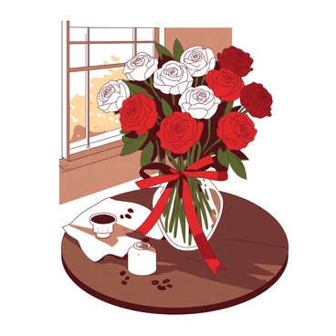 A bouquet of red and white roses is elegantly arranged, tied together with a glossy red ribbon. The bouquet is positioned on a round café table made of dark wood. The table surface reflects the warm sunlight filtering through a nearby window, creating soft shadows around the base of the roses. There is a small white ceramic vase next to the bouquet, and a few scattered coffee bean husks are visible on the table.