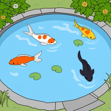 A serene koi pond with clear blue water reflecting the surroundings. The pond is surrounded by lush green plants and flowers. Several colorful koi fish, featuring shades of orange, white, yellow, and black, are gracefully gliding through the water. Some koi are near the surface, while others swim deeper. The gentle ripples create a dynamic movement in the water, and a few lily pads are floating, adding to the tranquil scene. A small stone path leads to the edge of the pond.
