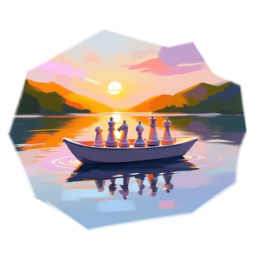 A small boat gently floating on a scenic lake, surrounded by lush green hills and the warm glow of a sunset. In the boat, various chess pieces are arranged as if they are on a journey. The pieces include a knight, a rook, and a queen, all crafted with intricate details. The water reflects the vibrant colors of the sunset, with shades of orange, pink, and purple lighting up the sky. Soft ripples create a dynamic surface on the lake as the boat drifts peacefully.