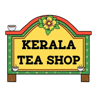 A colorful hand-painted signboard with the words "Kerala Tea Shop" prominently displayed in bold lettering at the center. The signboard is adorned with intricate decorative motifs, including traditional patterns and vibrant flowers around the edges. The background features a rich blend of green, yellow, and red hues. The signboard is shaped like a classic arch and has a wooden texture. Several small tea cups and leaves are illustrated at the corners, enhancing the theme of the tea shop. The overall appearance is lively and inviting.