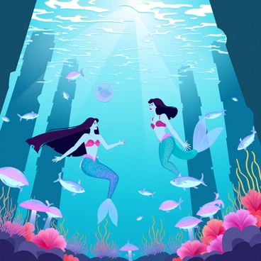 A vibrant undersea kingdom teeming with life. Graceful mermaids with iridescent tails and flowing hair swim among colorful coral reefs. They are surrounded by magical sea creatures such as luminous jellyfish, schools of shimmering fish, and elegant sea turtles gliding through the water. Sunbeams filter down from the ocean's surface, creating a dappled light effect across the scene. The backdrop features towering underwater cliffs and lush aquatic plants swaying gently with the currents.