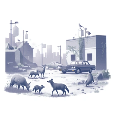 A scene depicting wild animals moving through an abandoned urban environment. In the foreground, a family of deer grazes among the overgrown grass near a crumbling concrete wall. A pair of foxes playfully chase each other in the background near an old, rusted car. Various birds perch on the remnants of broken signposts, while a lone raccoon rummages through scattered debris on the ground. The buildings show signs of decay, with vines and weeds climbing the walls, creating a juxtaposition of nature reclaiming the space.