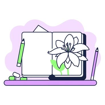 An artist's sketchbook is open on a flat surface, displaying a detailed pencil drawing of a "white lily" on one of its pages. The lily features several petals with delicate veining and a slight curve at the edges, creating a natural look. The center of the flower showcases intricate stamen with fine lines indicating texture. Surrounding the sketchbook, there are a few scattered pencils and an eraser, suggesting recent artistic activity. The background features soft, muted outlines of an artist's workspace, enhancing focus on the sketchbook.