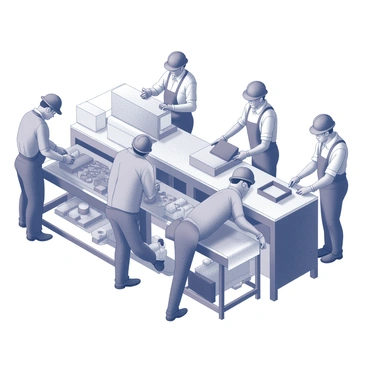 A group of factory workers is engaged in assembling products on a production line. The workers are positioned at various stations, each focused on their specific tasks. They are wearing uniforms and safety gear, which includes hard hats and gloves. The production line is equipped with conveyor belts transporting various components. Tools and machinery are visible, indicating an efficient workflow. The workers are collaborating, with some passing items to one another and others inspecting the assembled products for quality. The environment is well-lit and organized, emphasizing a sense of productivity.