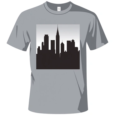 A city skyline silhouette is displayed prominently on a grey t-shirt. The skyline features a variety of tall buildings, including skyscrapers with distinctive shapes and a few domes. The scene is set at dusk, with the skyline dark against a fading light background. The t-shirt has a relaxed fit, and the image captures the essence of urban life as the city transitions from day to night.