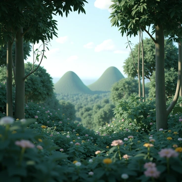 A dense rainforest filled with lush green foliage and towering trees, creating a vibrant and rich canopy. The ground is covered in thick underbrush and colorful flowers peeking through the leaves. In the distance, there are prominent breast-shaped hills, their rounded forms rising gently against the skyline, blanketed with vegetation. Soft rays of sunlight filter through the dense tree cover, casting dappled light on the forest floor. The scene conveys a sense of deep wilderness and natural beauty.