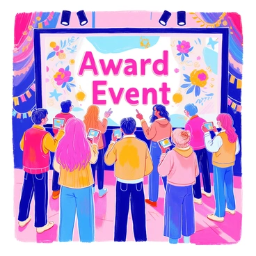 An illustration depicts the use of augmented reality at an award event. A group of diverse attendees stands in front of a large screen displaying "Award Event" in bold letters. Each person holds a device that projects colorful, interactive illustrations into the air. Some attendees are pointing at the floating images, while others are using their devices to take pictures. The setting is lively, with decorative banners and a stage in the background. The atmosphere is filled with excitement as guests engage with the augmented reality experience.