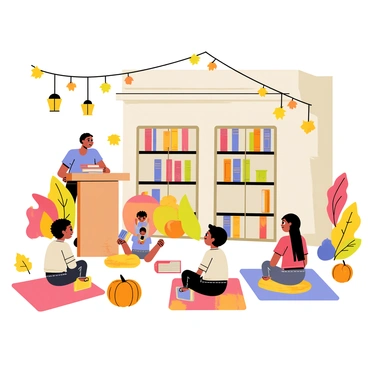 A seasonal storytelling event taking place outside a librairie. There are decorative autumn leaves scattered around, hanging lanterns with a warm glow, and colorful pumpkins arranged nearby. A wooden podium is set up with a stack of books. Children are gathered around, seated on colorful blankets, listening intently to a storyteller who is animatedly sharing a tale. The backdrop features a cozy library building with large windows showcasing shelves filled with books.