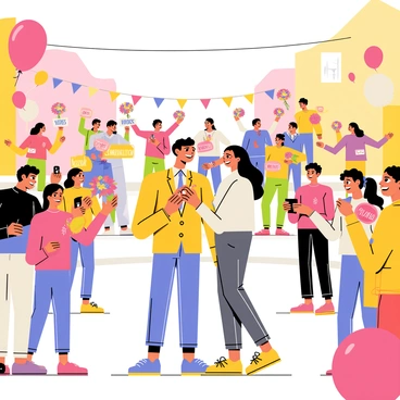 A vibrant town square filled with excited people. In the center, a group of dancers dressed in colorful clothing performs an energetic routine. Some dancers hold bouquets of flowers, while others carry signs that read "CONGRATULATIONS!" and "YES!" A smiling couple stands in the foreground, the man holding a ring, looking surprised and joyful. Surrounding them are friends and family, capturing the moment with cameras and phones, their faces filled with happiness and excitement. Balloons float in the air, adding to the festive atmosphere.