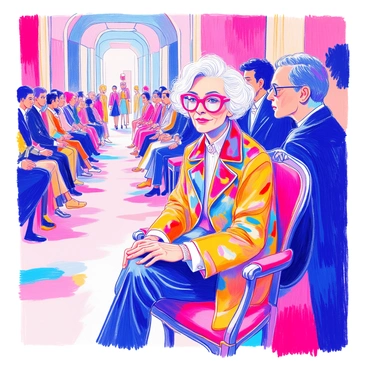 Iris Apfel is seated in the front row at a fashion runway show. She is wearing a vibrant ensemble that includes a brightly colored jacket adorned with bold patterns. Her oversized glasses are a striking contrast, framing her face. Her hair is styled in a fluffy white bob, adding to her distinct appearance. Surrounding her are elegant spectators, all dressed in high-fashion attire. The runway in front of her features models showcasing the latest fashion designs. Bright lights illuminate the scene, highlighting the energy of the event.