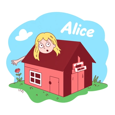 A tiny house sits on a grassy landscape, with a bright blue sky above. "Alice," a girl with long blonde hair, is partially sticking out of the windows. Her head is oversized in comparison to the house, with curious wide eyes looking around. One arm extends out of the side window, reaching towards a nearby flower. The tiny house is painted in a cheerful red color, and its windows are framed with white trim. The scene captures the moment of Alice growing larger, emphasizing her size compared to the small house.