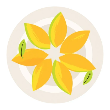 A circular white plate holds several slices of starfruit, arranged in a radial pattern. Each slice showcases its distinctive star shape, with vibrant yellow and green hues. The textured surface of the fruit gleams under soft lighting, emphasizing the juicy flesh and the star-like points. A few mint leaves are placed around the edges of the plate, adding a touch of green and enhancing the presentation.