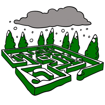 A vast snow-covered hedge maze with tall, green hedges that are dusted with white snow. The maze has intricate pathways and sharp turns, creating a complex layout. Above the maze, a dark, cloudy sky looms, filled with heavy gray clouds, suggesting an impending snowstorm. The ground is blanketed in a thick layer of untouched snow, giving a sense of stillness and quiet.
