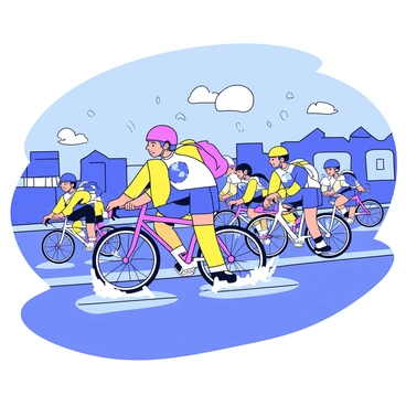 A group of cyclists in bright, colorful racing jerseys is speeding through rain-soaked city streets. Each cyclist is on a sleek, aerodynamic sports bike with shiny metallic frames. Raindrops create splashes on the ground as they maneuver around puddles. The city buildings in the background are reflected in the wet pavement, adding to the dynamic atmosphere. The sky is overcast with dark clouds, enhancing the sense of a challenging race.