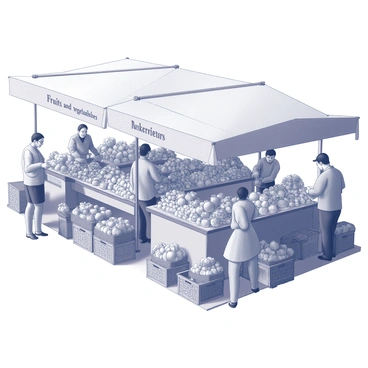 A bustling market scene filled with numerous stalls. Each stall is overflowing with an array of fruits and vegetables, showcasing intricate arrangements. The produce includes a variety of shapes and sizes, with some fruits stacked high while others are displayed in neat rows. Vendors are interacting with customers, with some exchanging goods while others are discussing prices. The ground is filled with woven baskets and crates, enhancing the busy atmosphere of the market. "Fruits and vegetables" are prominently displayed on signs hanging over each stall.