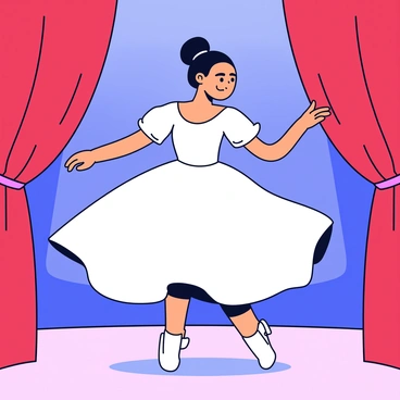 A ballerina wearing a fluffy white tutu-inspired ball gown is gracefully twirling on a theater stage. The gown features layers of soft fabric that flare outwards as she spins. She has her arms gracefully extended and her head tilted slightly back. The stage is illuminated by soft spotlighting, highlighting her movements. In the background, there are velvet curtains that are deep red in color, framing the scene.