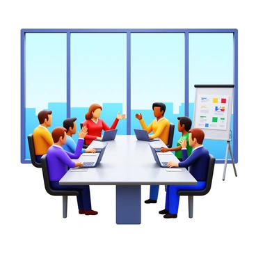 A modern office space with large windows allowing natural light to flood in. Several employees of various abilities are seated around a sleek conference table. Each person is engaged in collaboration, with laptops open and papers spread out. One employee is using sign language to communicate, while another is showing a visual presentation on a screen. A whiteboard filled with colorful diagrams stands in the background. The atmosphere is vibrant and professional, showcasing teamwork and diversity in the workplace.