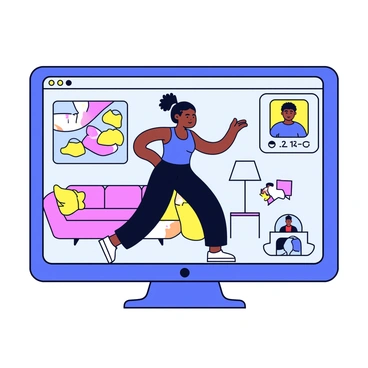 A computer screen displays a virtual fitness class. The instructor is a fit individual demonstrating hip circles, standing in a spacious living room. The instructor is wearing a bright workout outfit, with a blue tank top and black leggings. The background of the screen shows a colorful fitness-themed graphic. The instructor's arms are extended to the sides as they gracefully perform the hip circles. The interface of the virtual class includes a timer and small icons showing participants engaged in the workout.