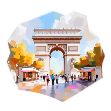 A vintage-style postcard depicting the "Arc de Triomphe", an iconic monument in Paris, framed by a soft pastel sky. The structure is intricately detailed, showcasing its classical architecture, with the surrounding scenes depicting charming Parisian streets adorned with small cafes and trees. In the foreground, a mix of pedestrians dressed in early 20th-century attire strolls by, some pausing to admire the monument. The corners of the postcard feature decorative elements reminiscent of vintage design. At the top of the postcard, there is an "old-timey" font spelling out "Greetings from Paris".