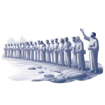 A large group of individuals stands in a line along the banks of a river. Each person is dressed in simple tunics. Some hold small objects, such as baskets or water jugs. The river flows gently, surrounded by trees and rocks, creating a natural setting. At the front of the queue, a man known as "John" administers the baptism, with his arm raised in a gesture of blessing. The expressions on the faces of the people reflect a mix of anticipation and reverence as they prepare for the ceremony.