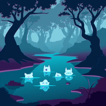 A murky swamp with dark, murky water reflects the faint light. Glowing eyes of various colors are peering from the depths of the water, their shapes unidentifiable and enigmatic. The surrounding area is shrouded in thick mist, creating an eerie atmosphere that obscures the outlines of twisted trees and dense foliage. The ground is uneven, with patches of moss and decaying plants scattered throughout, enhancing the swamp's mysterious and unsettling nature.