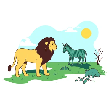 A yellow lion is standing on a grassy patch in the foreground, looking alert. Nearby, there is a teal zebra grazing peacefully on the grass. In the background, a small teal rabbit is nibbling on some green foliage, while a yellow sun hangs low in the blue sky. The savanna is dotted with a few sparse trees and the ground is covered with dried grass, completing the scene of a simple food chain.