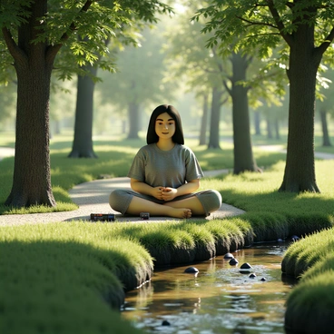 A person sitting cross-legged on a soft, grassy surface, wearing comfortable, loose-fitting clothing. They have long, flowing hair and closed eyes, depicting a state of deep concentration. In front of them, a biofeedback device displays various readings, with lights softly glowing. Surrounding the person, tall trees provide gentle shade, and a small, tranquil stream flows nearby, with pebbles visible in the clear water. The atmosphere is peaceful, with sunlight filtering through the leaves, casting dappled patterns on the ground.