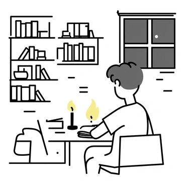 A man named "Martin Eden" is sitting at a wooden desk, deeply focused on writing. He has short, dark hair and is wearing a simple white shirt. A flickering candle on the desk casts a warm glow, illuminating the pages of his notebook. The cozy room has walls adorned with bookshelves filled with various books. Shadows from the candlelight dance across the textured walls, creating a dynamic atmosphere. A comfortable armchair is positioned nearby, and a small window reveals a glimpse of the night outside.