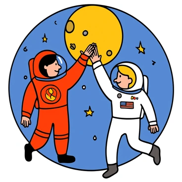 A Soviet astronaut in a red spacesuit with a large emblem on the chest, and an American astronaut in a white spacesuit with a flag patch, are both reaching out towards a detailed, glowing moon in the background. The Soviet astronaut has dark hair and is wearing a helmet with a visor reflecting the moon's light. The American astronaut has light skin and short blonde hair visible through the helmet. They are floating in space, surrounded by stars, with their hands almost touching as they strive for the moon, symbolizing unity and collaboration in space exploration.