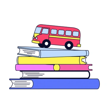A colorful toy bus with bright red and yellow details is traveling over a stack of books. The books are arranged in various sizes and colors, creating a hilly landscape that resembles roads. The bus is positioned on the top book, and its wheels appear to touch the surface of the pages. Each book has clear titles printed on the spines, adding a playful element to the scene. The background is simple to emphasize the toy bus on its book journey.