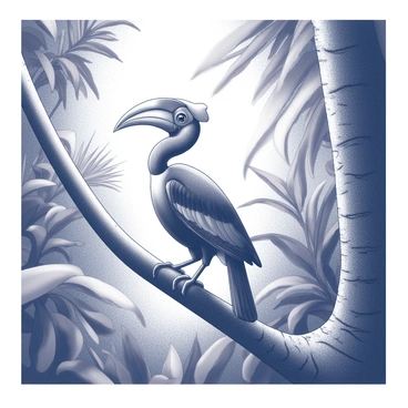 A hornbill perched on a sturdy branch of a tropical tree. The bird has a prominent curved bill and a distinctively shaped head. The surrounding area is filled with dense jungle foliage, featuring large leaves and various tropical plants that create an immersive green canopy. Sunlight filters through the leaves, casting shadows on the bark of the tree where the hornbill is resting. The scene conveys a sense of the vibrant life and rich textures found within a tropical ecosystem.