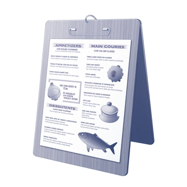 A restaurant menu displayed on a wooden board. The menu features a variety of sections for appetizers, main courses, and desserts, each filled with unique dish names. The titles are humorously mistranslated, such as "Fried Chicken of Happiness" for a classic fried chicken dish and "Grilled Fish of the Sea" for a simple grilled fish. Each section is separated by playful illustrations of food items, and there is a whimsical font used for the dish names. The overall layout is clean, allowing the amusing names to stand out on the board.