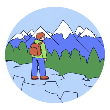 A backpacker wearing a green jacket and a brown backpack is standing on a rocky overlook. The backpacker has short brown hair and is looking out towards a range of tall, snow-capped mountains in the distance. Below the overlook, there are patches of green trees and a clear blue sky fills the background. The sunlight casts gentle shadows on the rocks, creating a warm atmosphere.