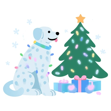 A dalmatian is sitting next to a Christmas tree. The dalmatian has a string of colorful lights wrapped around its neck. The Christmas tree is adorned with various ornaments, and presents are placed around the base. The tree is lit with bright lights that shine in the background. There are snowflakes gently falling around the scene.