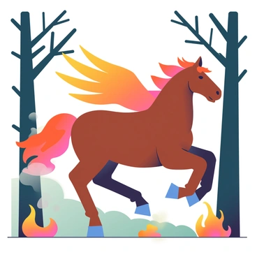A majestic horse with a sleek, chestnut coat and fiery orange wings is galloping through a forest engulfed in flames. The horse's mane flows with the movement, catching the light from the fire. The trees surrounding it are tall and blackened, with flames leaping from their branches. The ground is scattered with glowing embers, and thick smoke rises into the air, creating a dramatic backdrop. The vibrant colors of the fire contrast with the dark greens and browns of the forest, enhancing the intensity of the scene.
