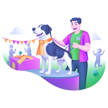 A dog standing proudly on a podium, wearing a shiny ribbon around its neck. The dog has a glossy coat and an expression of happiness. Beside the dog, a proud owner is smiling, wearing a colorful shirt and holding the leash. The background features a festive pet show environment, with banners and other pet owners cheering in the distance. The scene is filled with bright colors and a joyful atmosphere, highlighting the achievement of winning a ribbon.