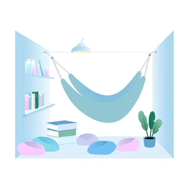 A cozy office chill zone features a hammock suspended between two walls. The hammock is made of soft fabric and gently sways. Nearby, several colorful bean bags are scattered on the floor, inviting relaxation. Against one wall, a small library shelf holds an array of books, with some books laid flat and others standing upright. A warm light source hangs above, casting a soft glow across the space. A plant sits in the corner, adding a touch of greenery to the area.