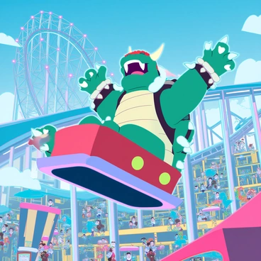 A large, imposing Bowser with green skin and spiky shells is seated in a rollercoaster car. He has a wide smile on his face, showing his sharp teeth, as he raises his arms in excitement. The rollercoaster is soaring high above a colorful amusement park filled with bright lights and lively attractions. Behind him, vibrant rollercoaster tracks twist and turn, while below, animated parkgoers cheer and enjoy various rides. The sky is a bright blue, dotted with fluffy clouds, creating a cheerful atmosphere.