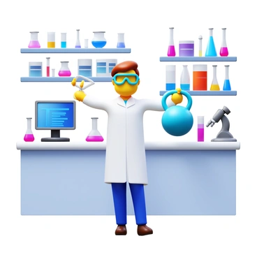 A scientist wearing a lab coat and safety goggles is conducting an experiment while performing kettlebell swings. The scientist is holding a kettlebell in one hand, swinging it to shoulder height, while the other hand is holding a pipette, poised over a beaker filled with a colorful liquid. Surrounding the scientist are various lab equipment, including test tubes, a microscope, and a computer displaying data. The lab is brightly lit, with white countertops and shelves filled with scientific supplies, creating an organized and busy atmosphere.