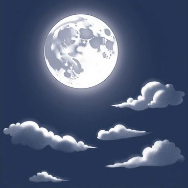 A full moon positioned high in the night sky. It casts a bright light that illuminates scattered clouds drifting across the expanse. The clouds vary in size and shape, some thin and wispy, while others are denser in appearance. The moon's glow creates soft shadows and highlights on the clouds, enhancing their texture and form. The background features a deep, dark sky, providing contrast to the luminous moon and the silvery white clouds.