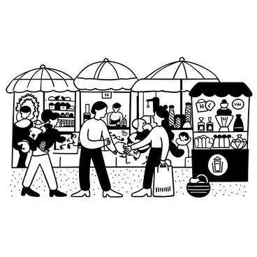 A street market filled with various stalls displaying vibrant goods. There are people walking around, some examining fresh produce while others browse handmade crafts. A vendor is reaching out to hand a customer a bag filled with fruits, while another stall showcases an array of spices in jars. The ground is covered with a textured surface, and there are several umbrellas providing shade over the stalls. Signs with prices and product names are hung above, adding to the bustling atmosphere.