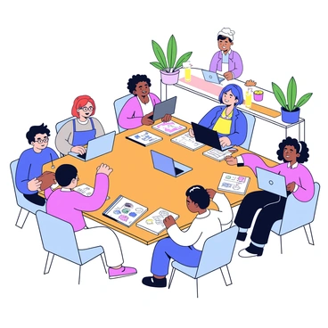 A trendy cafe with modern decor and comfortable seating. Several freelancers are gathered around a large wooden table. Each person has a laptop open in front of them, displaying various projects. Some are focused on their screens while others are engaged in lively conversation. Sketchbooks are spread out on the table, with colorful sketches and notes visible. A barista is behind the counter, preparing drinks, and a few potted plants are placed around the cafe adding a touch of greenery.