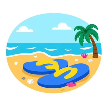 A pair of vibrant flip-flops featuring bright blue and yellow colors lies on a sandy beach. The flip-flops are positioned side by side, partially buried in the soft, golden sand. Gentle waves lap at the shoreline in the background, sparkling under the sunlight. A few seashells and small pieces of coral are scattered around the flip-flops, adding detail to the scene. Palm trees sway gently in the distance, completing the beach atmosphere.