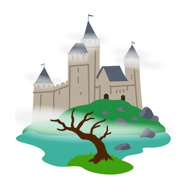 A gnarly, old castle perched atop a rocky hill in a foggy landscape