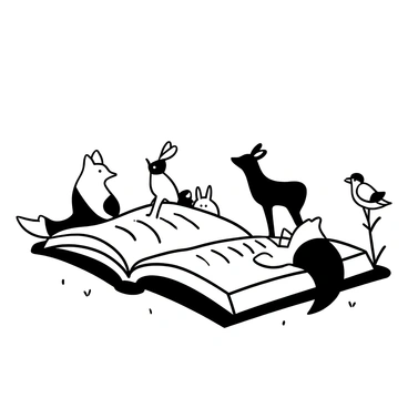 An open storybook lying on a patch of grass, its pages fluttering in the light breeze. A curious fox sitting beside the book, with its bushy tail curled around its body. A rabbit peeking from behind the book, its ears perked up attentively. A deer standing a short distance away, its head tilted slightly as if listening closely. A pair of birds perched on a nearby branch, looking towards the book. The scene captures the woodland animals, all focused on the tales within the open storybook.