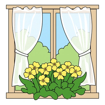A bright, sunny window with sheer white lace curtains gently fluttering in the breeze. Outside the window, a vibrant patch of yellow primroses is blooming, their petals wide open under the sunlight. The flowers have lush green leaves surrounding them, creating a lively contrast. The window frame is painted in a soft pastel color, and a few tiny droplets of dew can be seen glistening on the petals of the primroses. The scene conveys a fresh and cheerful atmosphere.